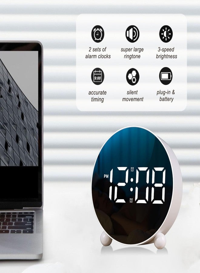 JUSTUP Digital Alarm Clock, Round LED Display Alarm Clock, Small Digital Clock with Double Bell, 3 Adjustable Brightness Levels, Silent Desk Clock, Loud Bell Bedside Alarm Clocks for Bedroom Office (white) - Image 2